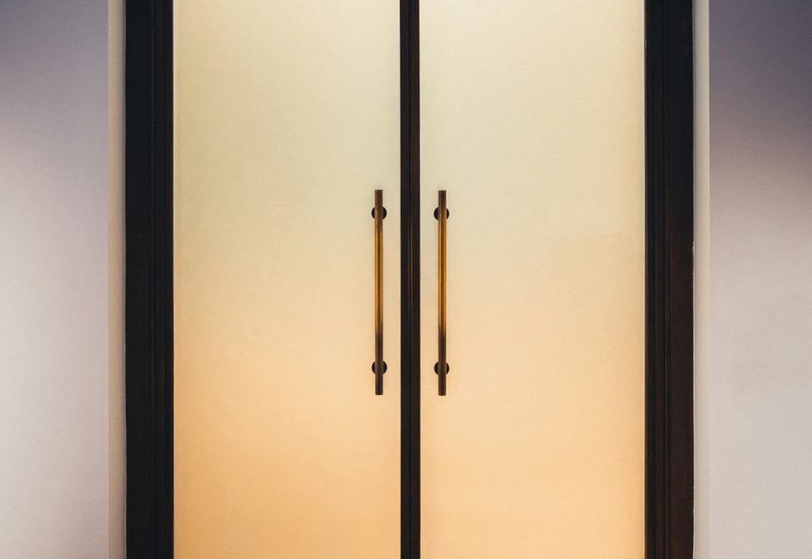 Frosted glass double doors glowing warm